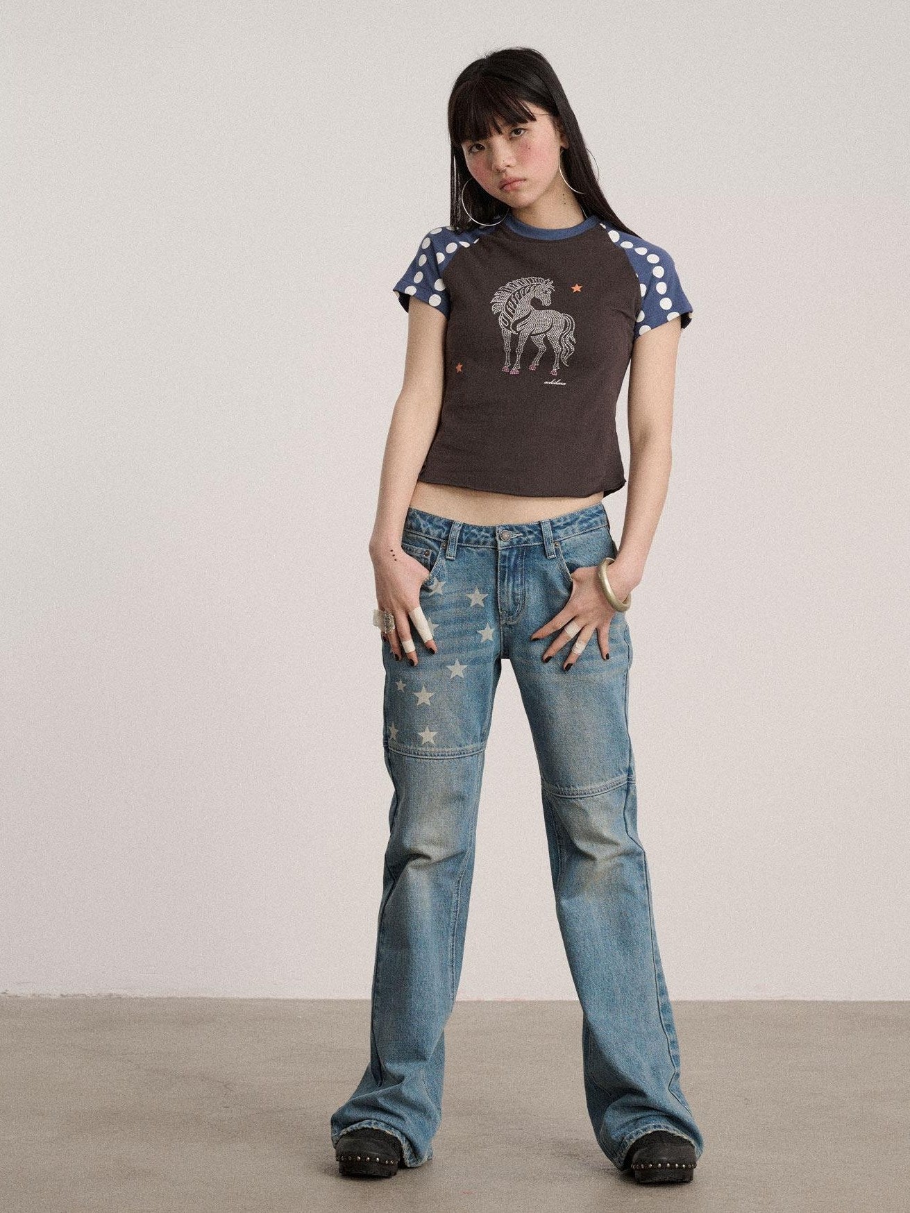 Achihara Rhinestone Slim Fit Office Polka Dot Women Cotton Blend Short Sleeve T-Shirts