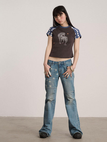 Achihara Rhinestone Slim Fit Office Polka Dot Women Cotton Blend Short Sleeve T-Shirts