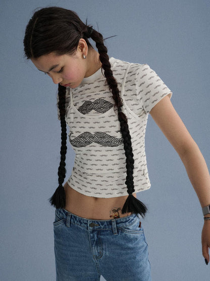 Achihara Rhinestone Slim Fit Women Cotton Mustache Lip Print Short Sleeve T-Shirts