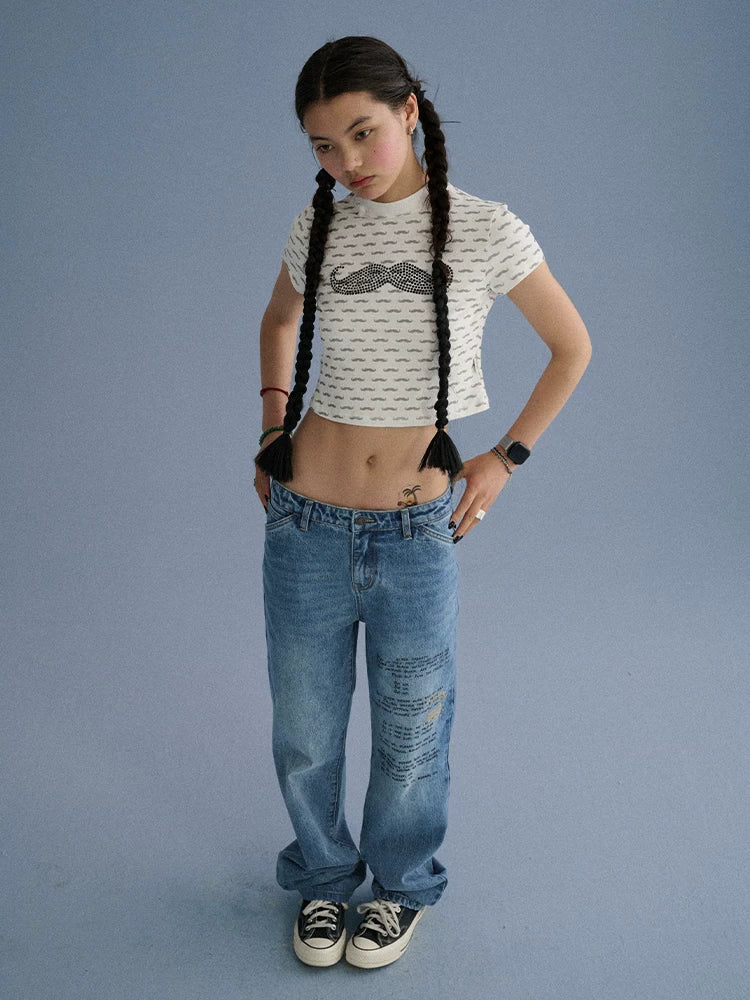 Achihara Rhinestone Slim Fit Women Cotton Mustache Lip Print Short Sleeve T-Shirts-2