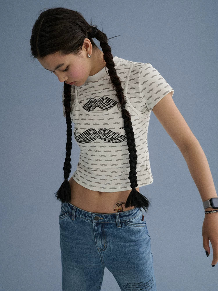 Achihara Rhinestone Slim Fit Women Cotton Mustache Lip Print Short Sleeve T-Shirts-3