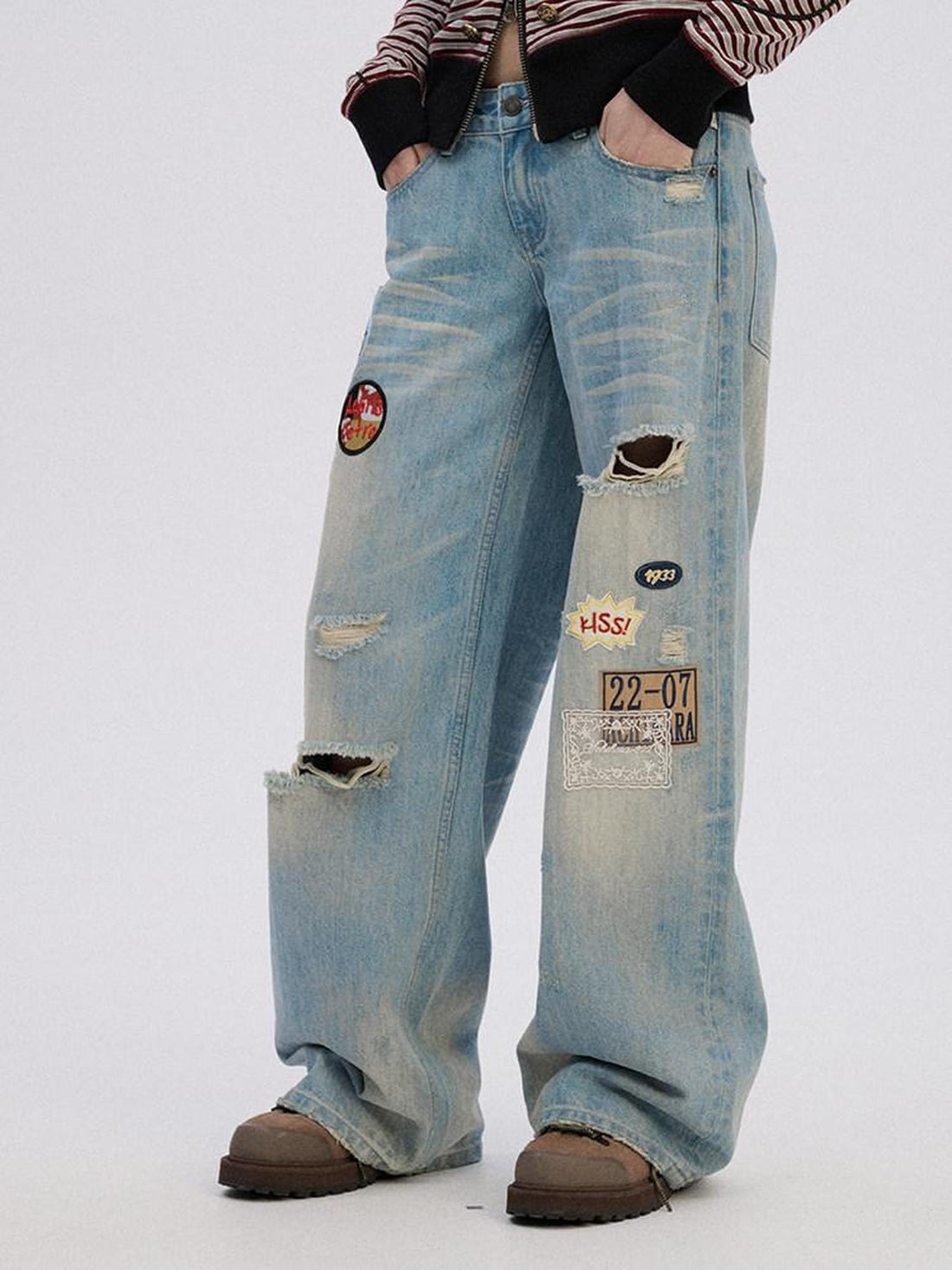 Achihara Ripped Natural Waist Button Fly Women Washed Blue Cotton Denim Wide-Leg Jeans