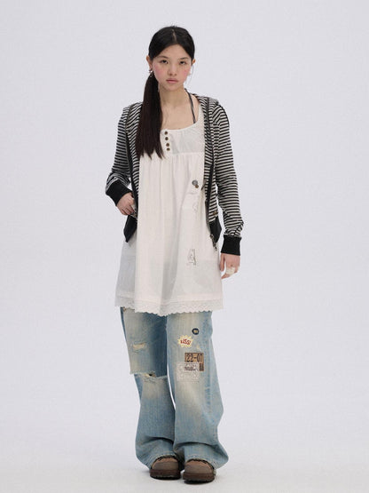 Achihara Ripped Natural Waist Button Fly Women Washed Blue Cotton Denim Wide-Leg Jeans