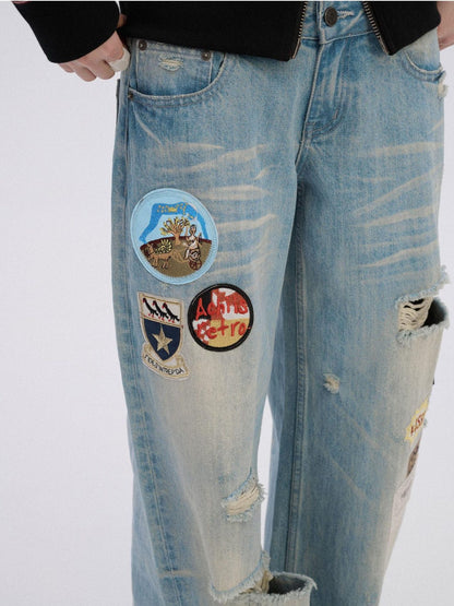 Achihara Ripped Natural Waist Button Fly Women Washed Blue Cotton Denim Wide-Leg Jeans