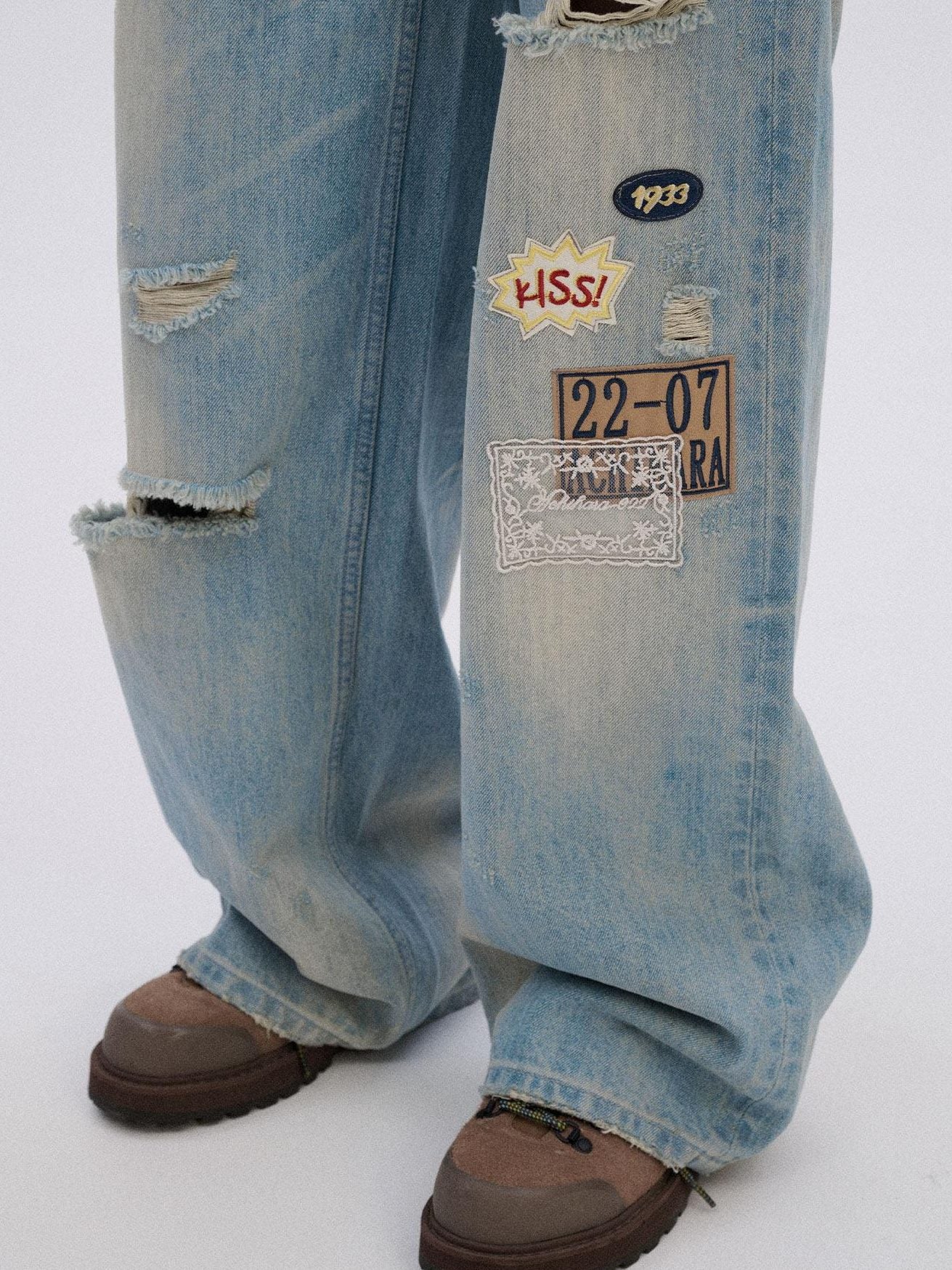 Achihara Ripped Natural Waist Button Fly Women Washed Blue Cotton Denim Wide-Leg Jeans