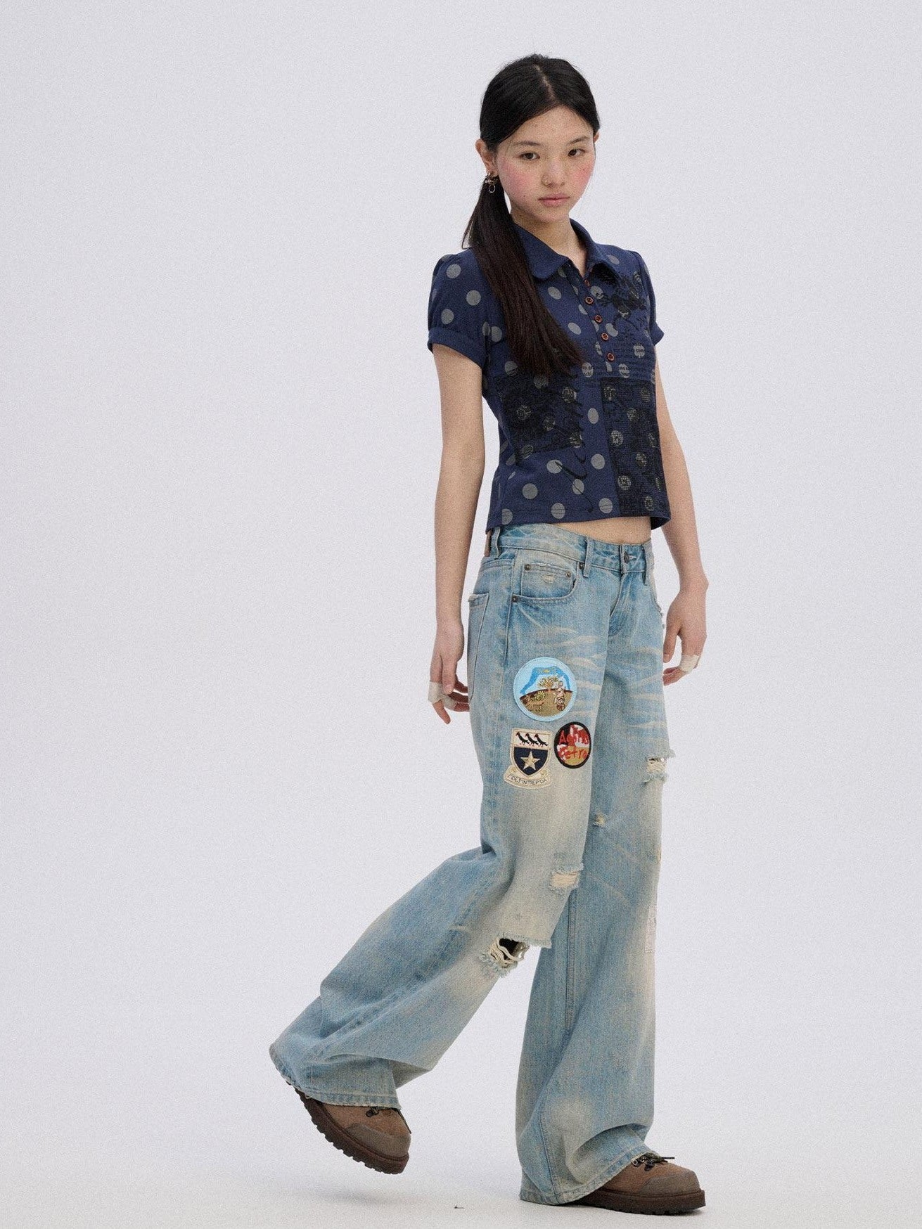 Achihara Ripped Natural Waist Button Fly Women Washed Blue Cotton Denim Wide-Leg Jeans