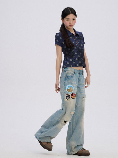Achihara Ripped Natural Waist Button Fly Women Washed Blue Cotton Denim Wide-Leg Jeans