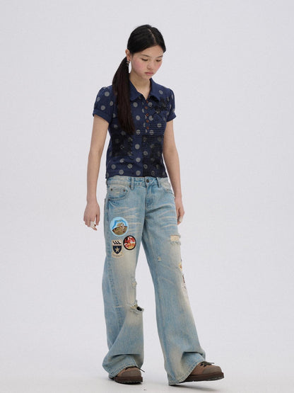 Achihara Ripped Natural Waist Button Fly Women Washed Blue Cotton Denim Wide-Leg Jeans