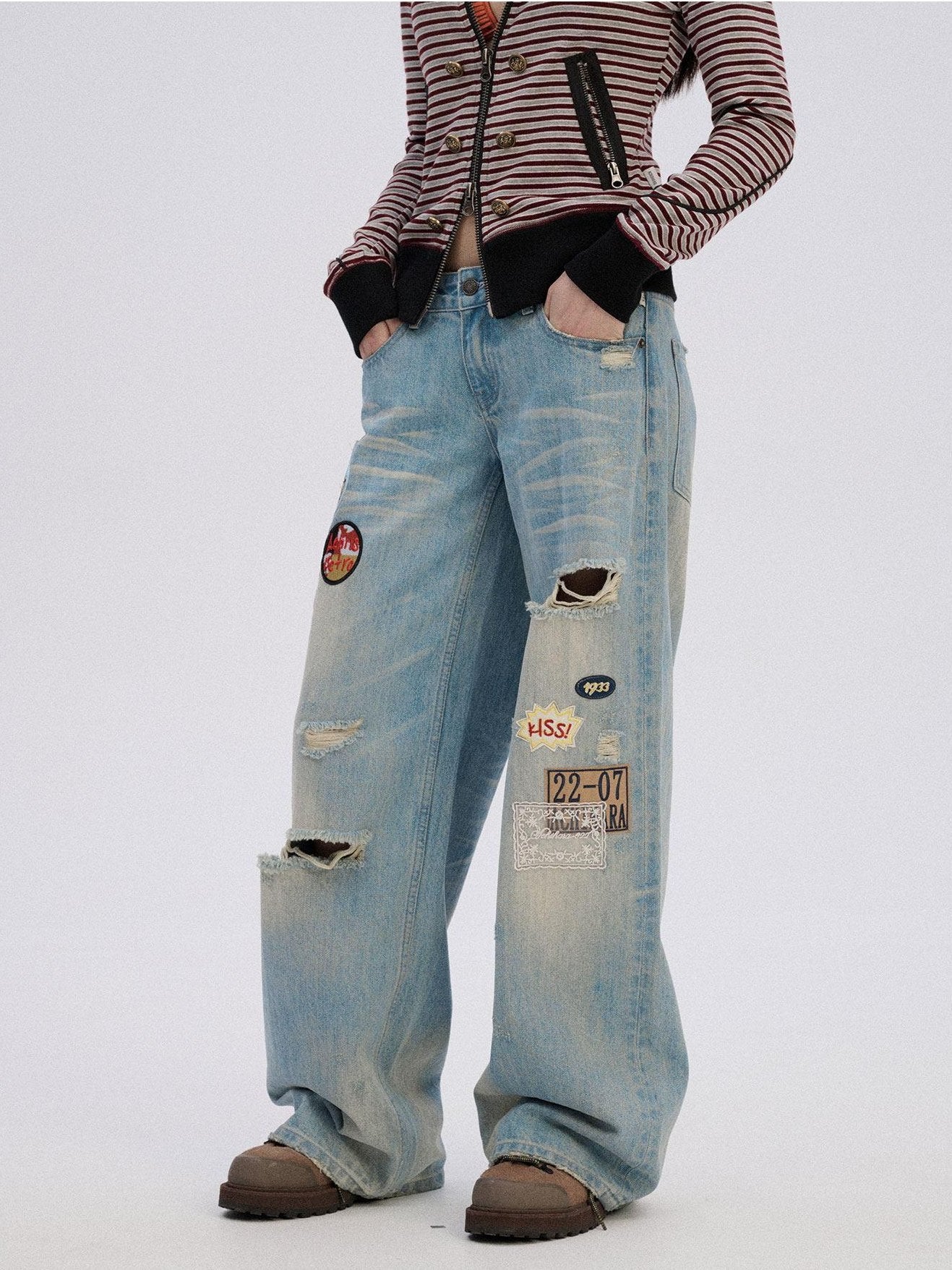 Achihara Ripped Natural Waist Button Fly Women Washed Blue Cotton Denim Wide-Leg Jeans