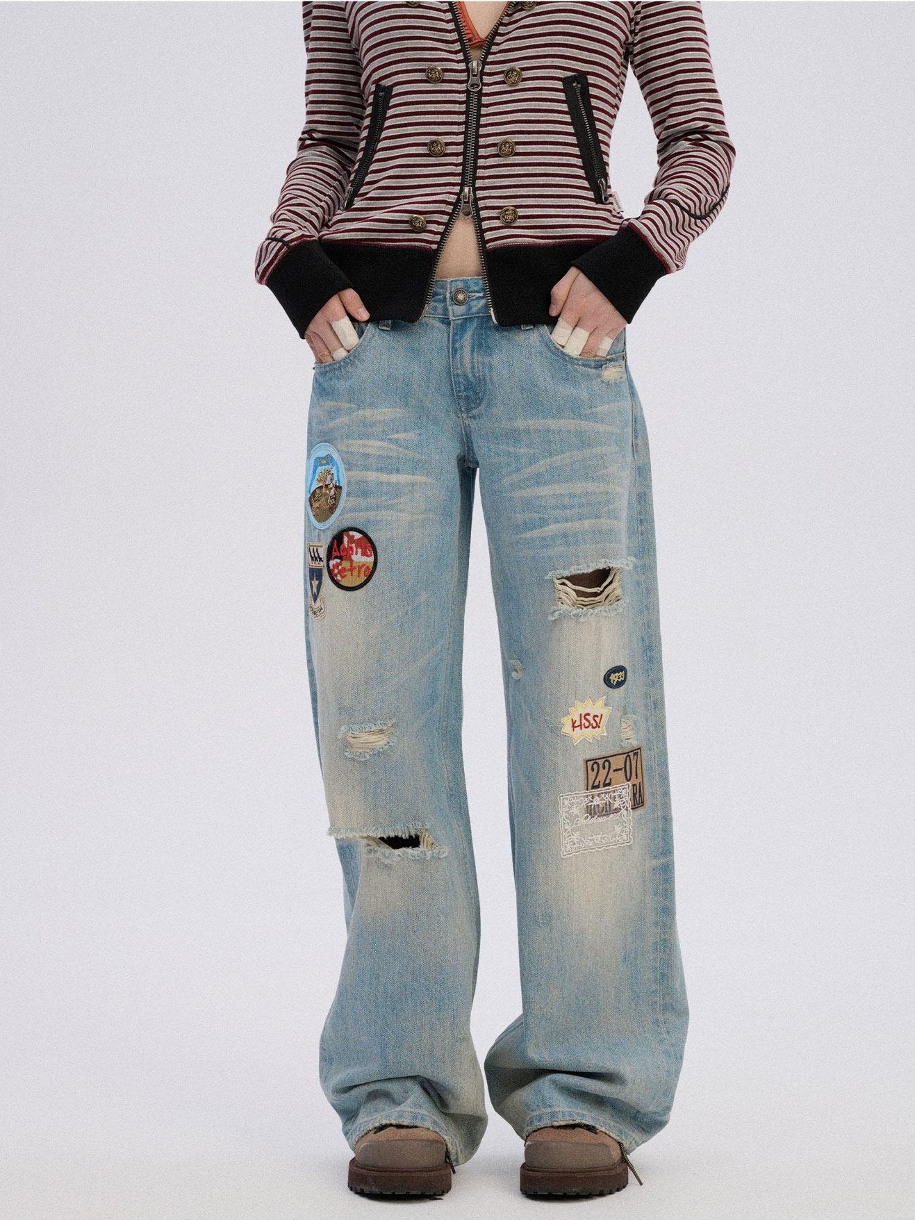 Achihara Ripped Natural Waist Button Fly Women Washed Blue Cotton Denim Wide-Leg Jeans