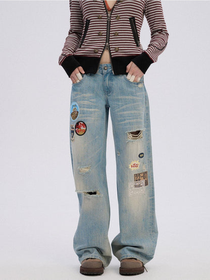 Achihara Ripped Natural Waist Button Fly Women Washed Blue Cotton Denim Wide-Leg Jeans