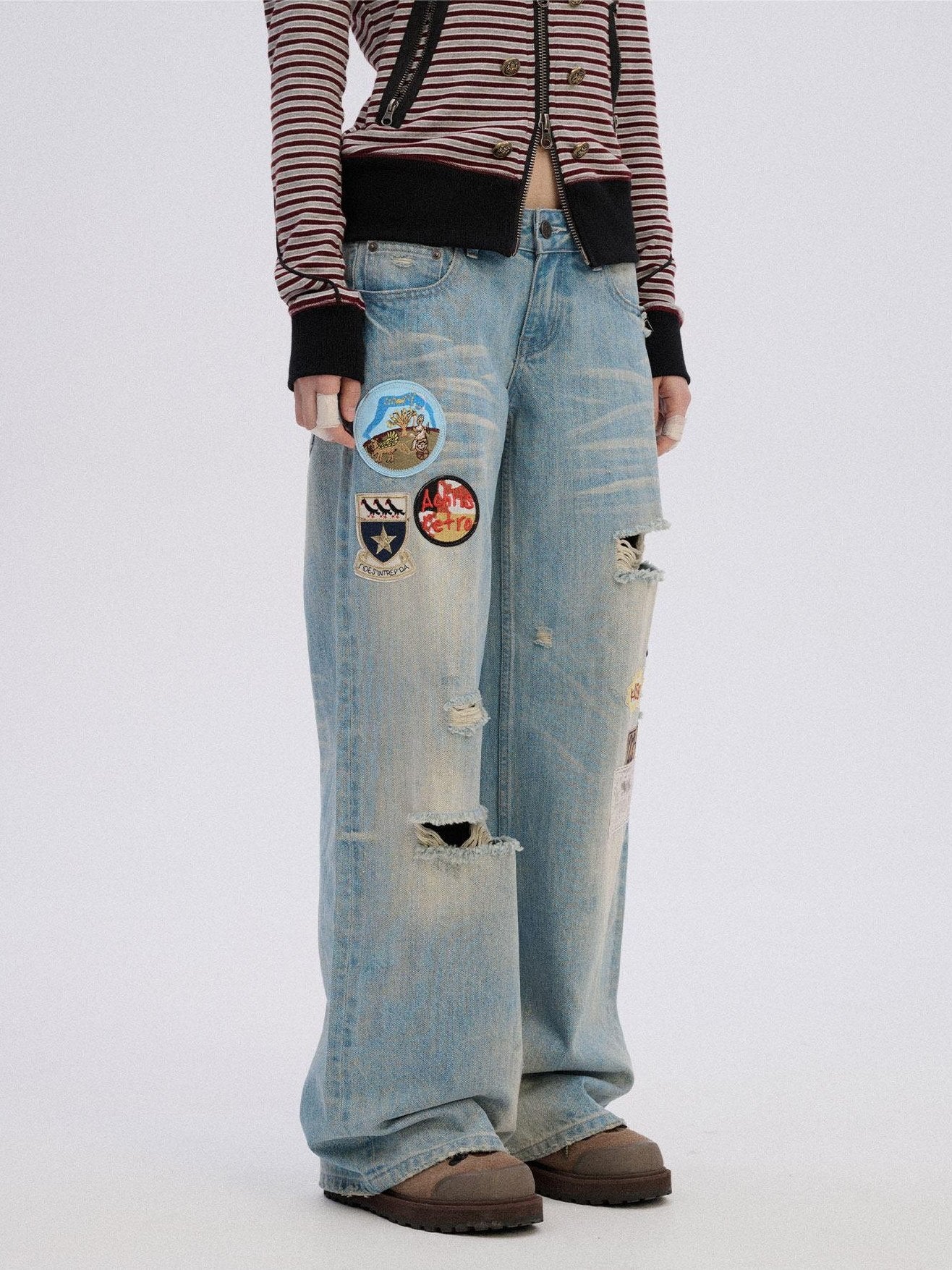 Achihara Ripped Natural Waist Button Fly Women Washed Blue Cotton Denim Wide-Leg Jeans