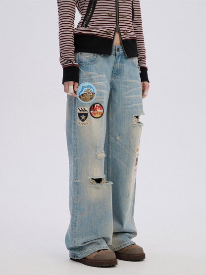 Achihara Ripped Natural Waist Button Fly Women Washed Blue Cotton Denim Wide-Leg Jeans