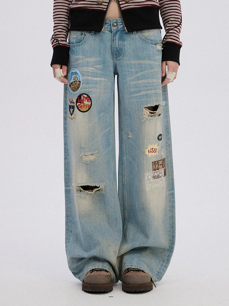 Achihara Ripped Natural Waist Button Fly Women Washed Blue Cotton Denim Wide-Leg Jeans-1