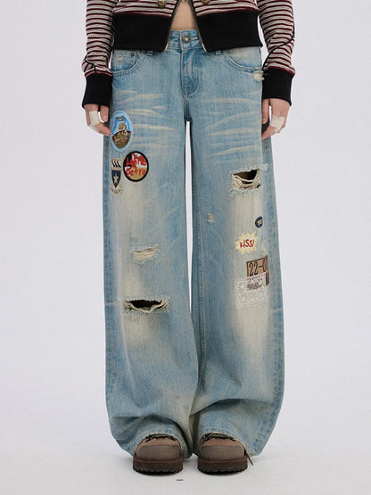 Achihara Ripped Natural Waist Button Fly Women Washed Blue Cotton Denim Wide-Leg Jeans-1