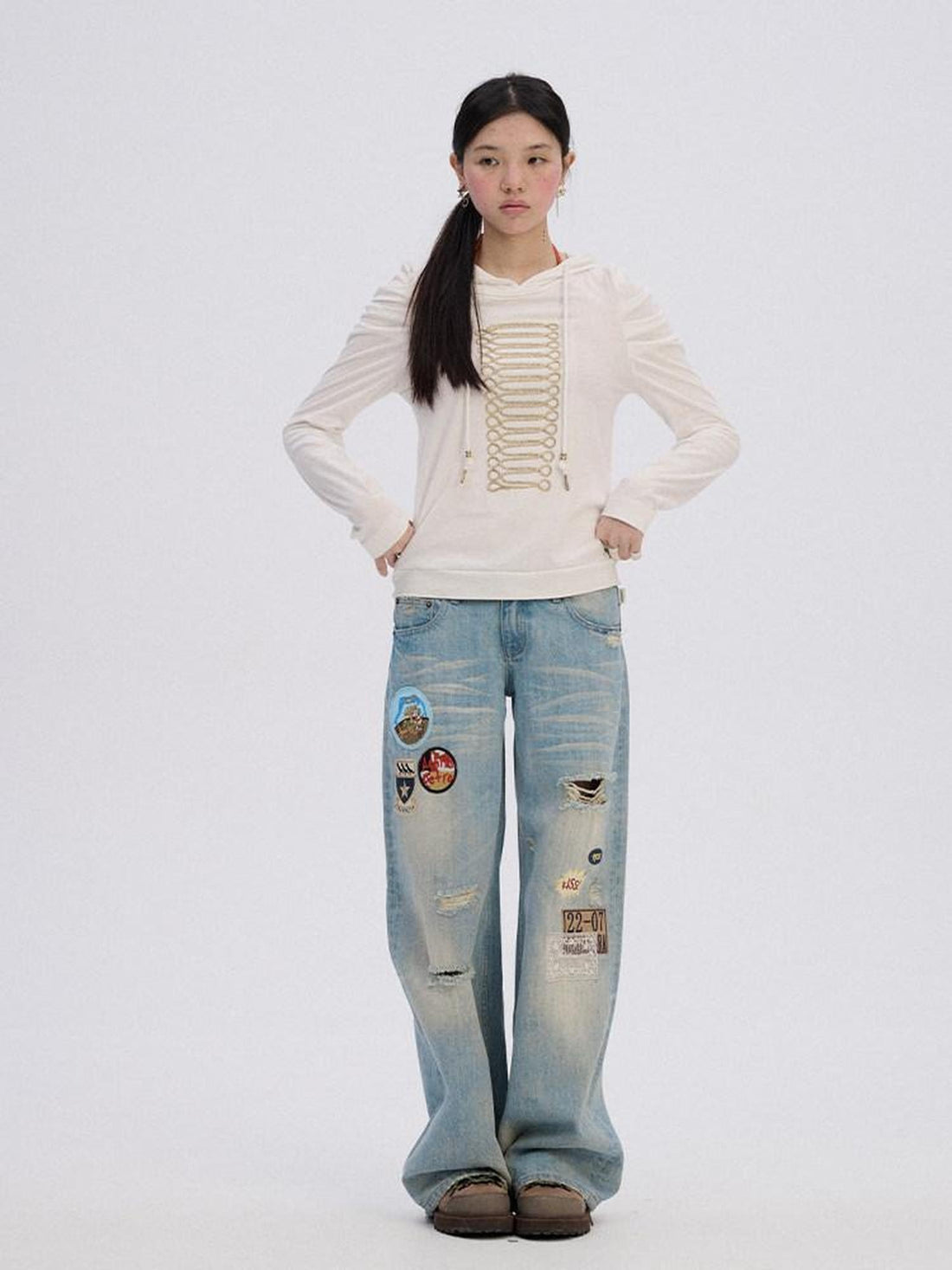 Achihara Ripped Natural Waist Button Fly Women Washed Blue Cotton Denim Wide-Leg Jeans