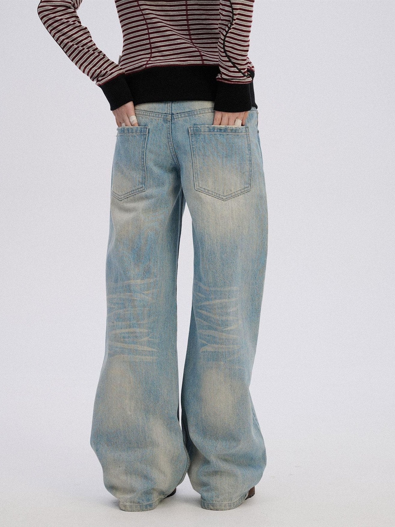 Achihara Ripped Natural Waist Button Fly Women Washed Blue Cotton Denim Wide-Leg Jeans