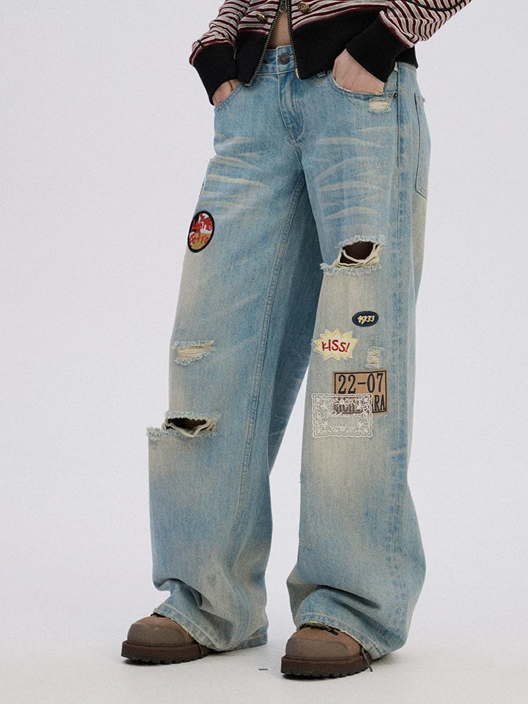 Achihara Ripped Natural Waist Button Fly Women Washed Blue Cotton Denim Wide-Leg Jeans-2