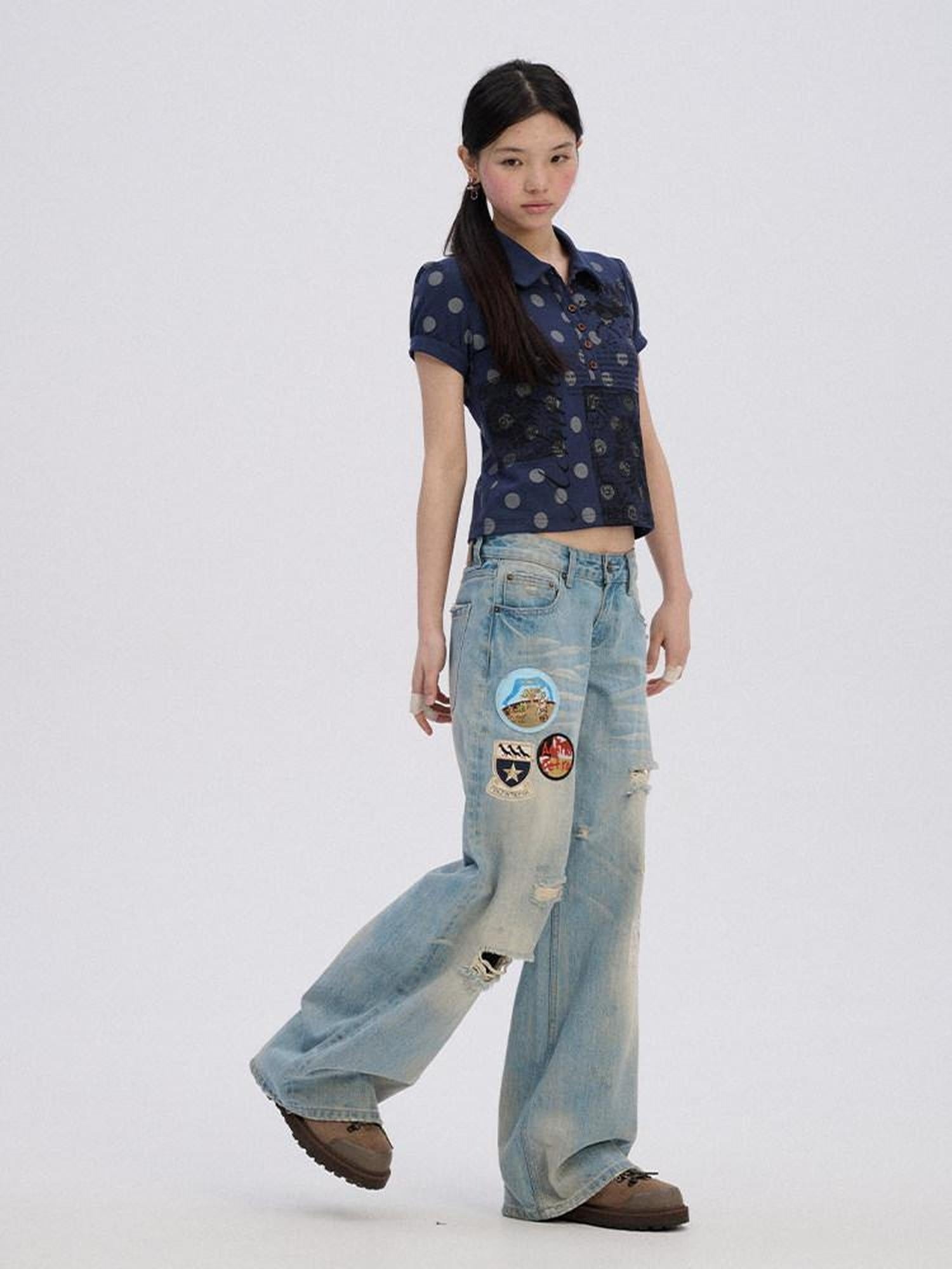 Achihara Ripped Natural Waist Button Fly Women Washed Blue Cotton Denim Wide-Leg Jeans