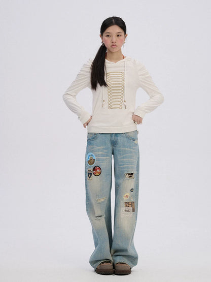 Achihara Ripped Natural Waist Button Fly Women Washed Blue Cotton Denim Wide-Leg Jeans-3