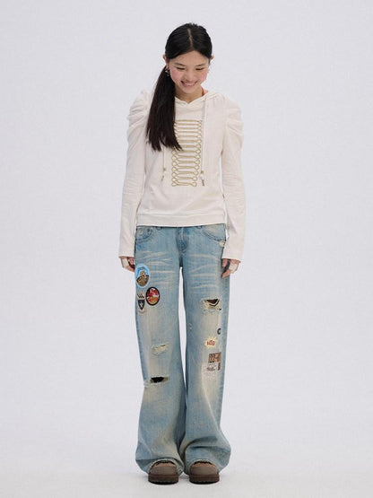 Achihara Ripped Natural Waist Button Fly Women Washed Blue Cotton Denim Wide-Leg Jeans