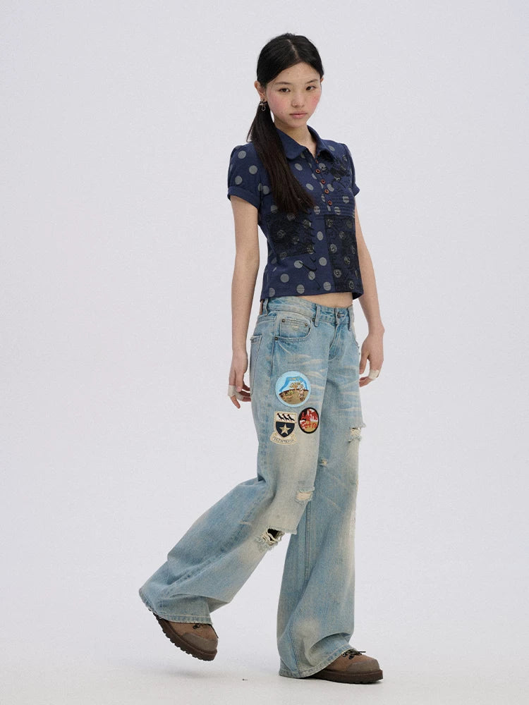 Achihara Ripped Natural Waist Button Fly Women Washed Blue Cotton Denim Wide-Leg Jeans-4