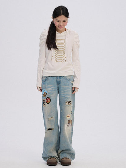 Achihara Ripped Natural Waist Button Fly Women Washed Blue Cotton Denim Wide-Leg Jeans