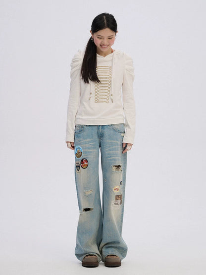 Achihara Ripped Natural Waist Button Fly Women Washed Blue Cotton Denim Wide-Leg Jeans-5