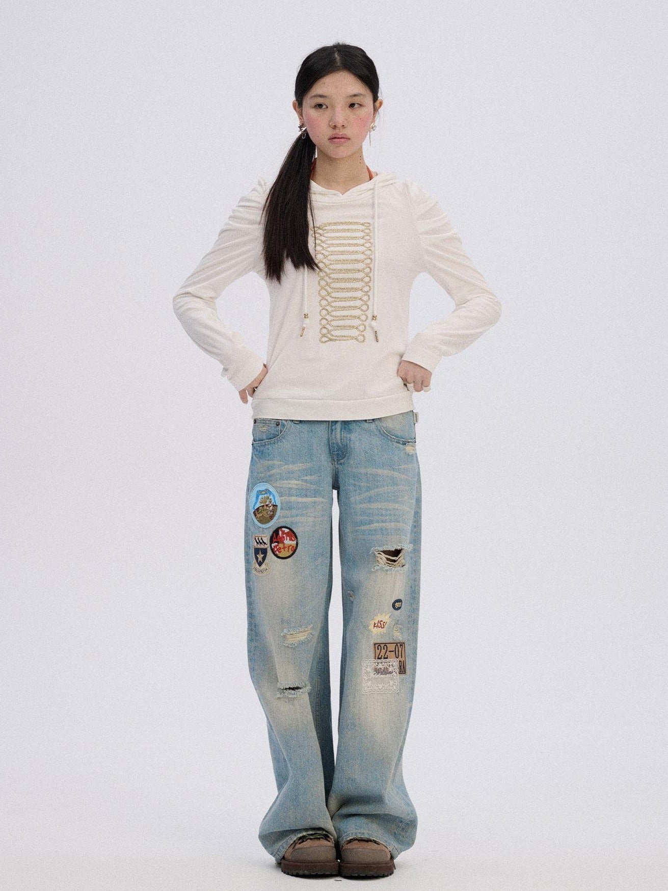 Achihara Ripped Natural Waist Button Fly Women Washed Blue Cotton Denim Wide-Leg Jeans