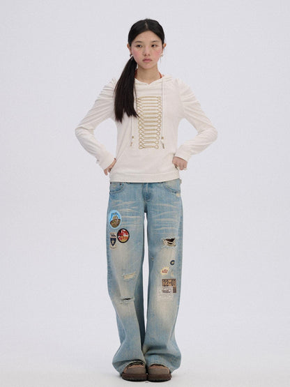 Achihara Ripped Natural Waist Button Fly Women Washed Blue Cotton Denim Wide-Leg Jeans