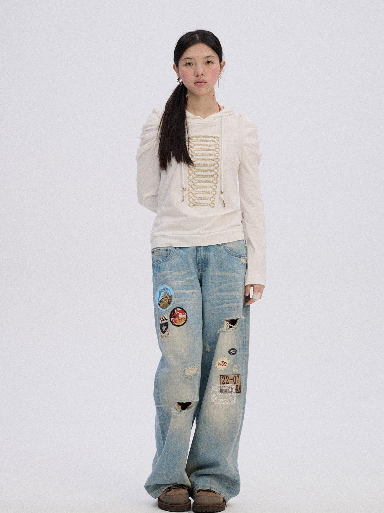 Achihara Ripped Natural Waist Button Fly Women Washed Blue Cotton Denim Wide-Leg Jeans