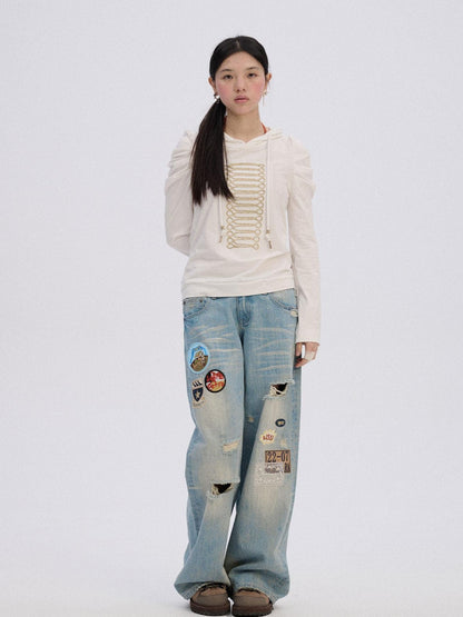 Achihara Ripped Natural Waist Button Fly Women Washed Blue Cotton Denim Wide-Leg Jeans
