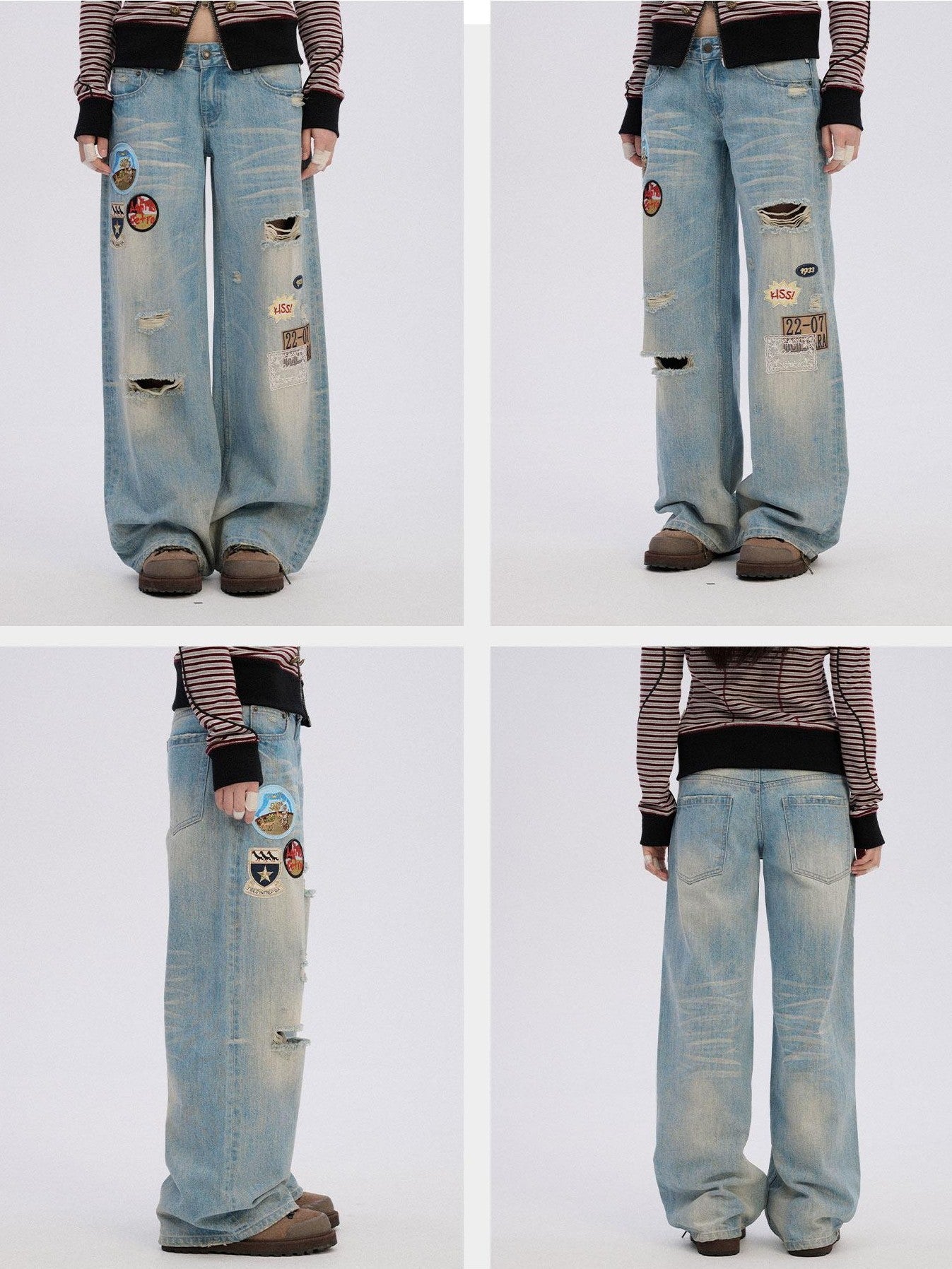Achihara Ripped Natural Waist Button Fly Women Washed Blue Cotton Denim Wide-Leg Jeans