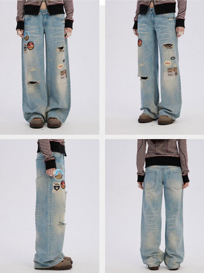 Achihara Ripped Natural Waist Button Fly Women Washed Blue Cotton Denim Wide-Leg Jeans