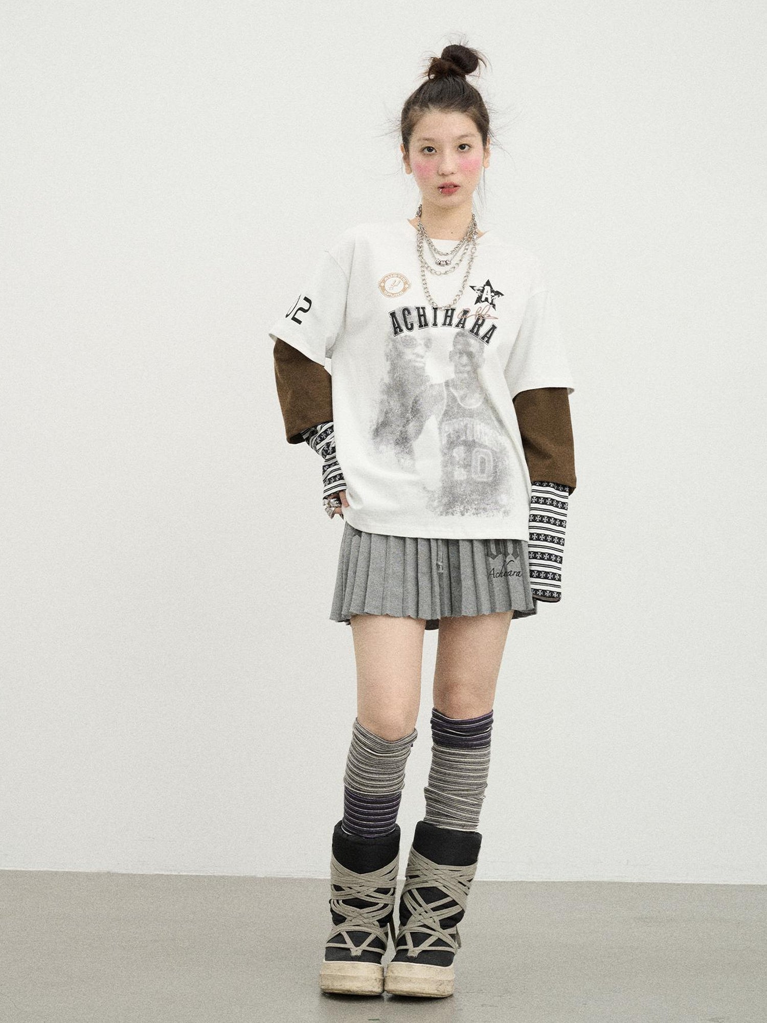 Achihara Rodman Oversized Jersey Tee V Neck T Shirt Long Sleeve