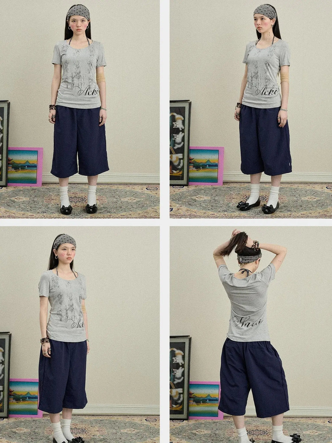 Romanesque Print Tee V-neck T-shirt Long-Sleeve