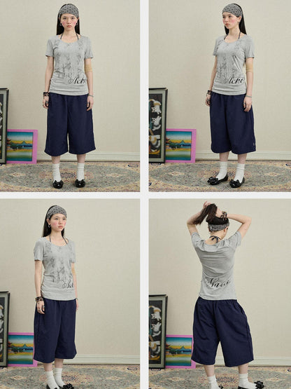 Achihara Romanesque Print Tee V-neck T-shirt Long-Sleeve