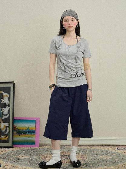 Achihara Romanesque Print Tee V-neck T-shirt Long-Sleeve