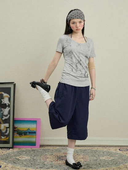 Romanesque Print Tee V-neck T-shirt Long-Sleeve