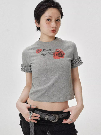 Roseprint Floral Sleeve Cropped Tee