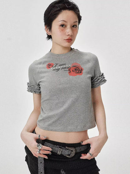 Achihara Roseprint Floral Sleeve Cropped Tee