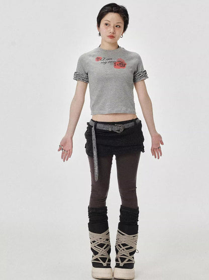 Achihara Roseprint Floral Sleeve Cropped Tee