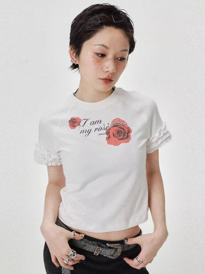 Achihara Roseprint Floral Sleeve Cropped Tee