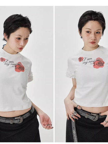 Achihara Roseprint Floral Sleeve Cropped Tee