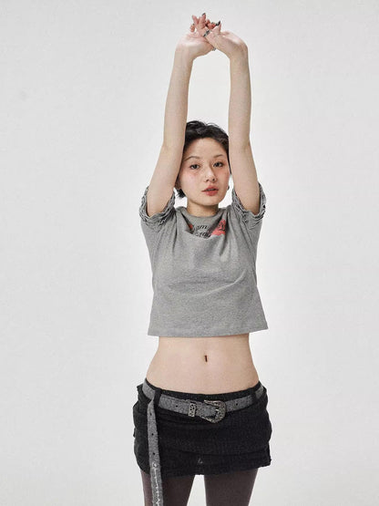 Achihara Roseprint Floral Sleeve Cropped Tee