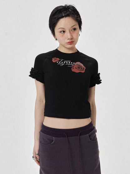 Achihara Roseprint Floral Sleeve Cropped Tee