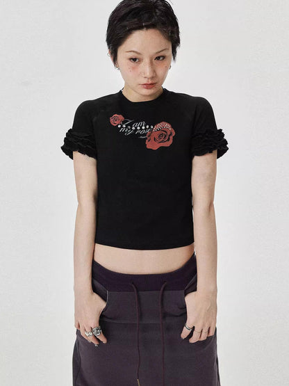 Achihara Roseprint Floral Sleeve Cropped Tee