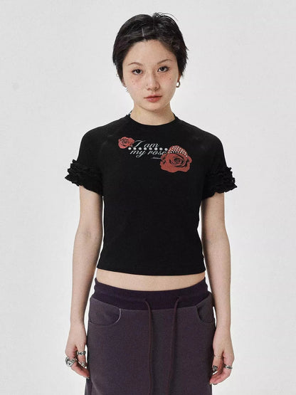 Roseprint Floral Sleeve Cropped Tee