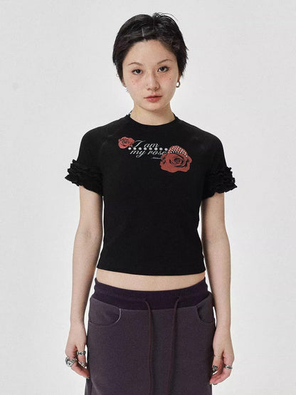 Achihara Roseprint Floral Sleeve Cropped Tee