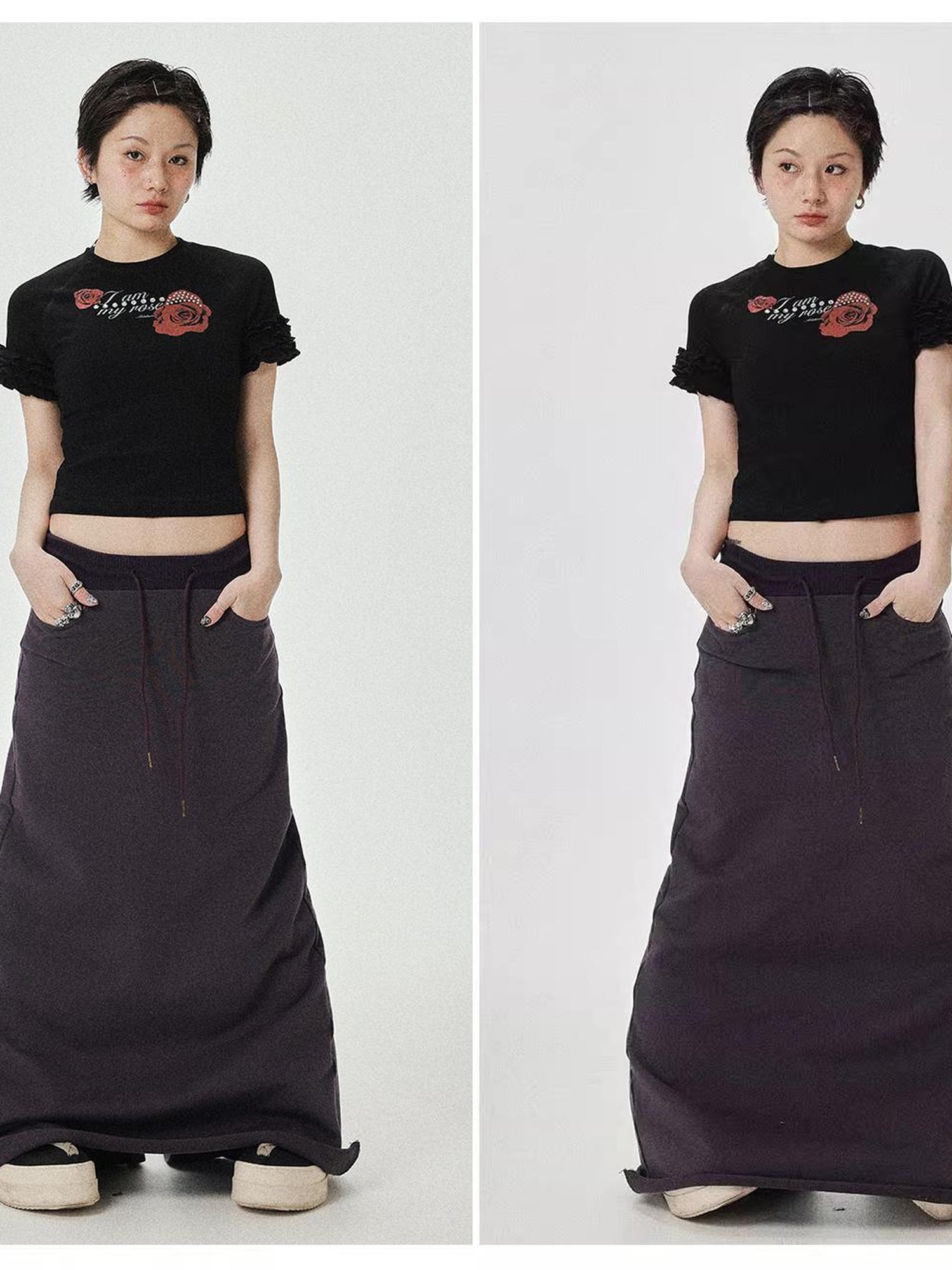 Achihara Roseprint Floral Sleeve Cropped Tee